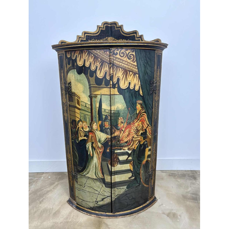 Meuble d'angle polychrome, décor peint 'Scène de Cour' 19e siècle