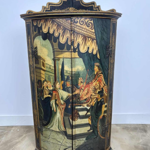 Meuble d'angle polychrome, décor peint 'Scène de Cour' 19e siècle