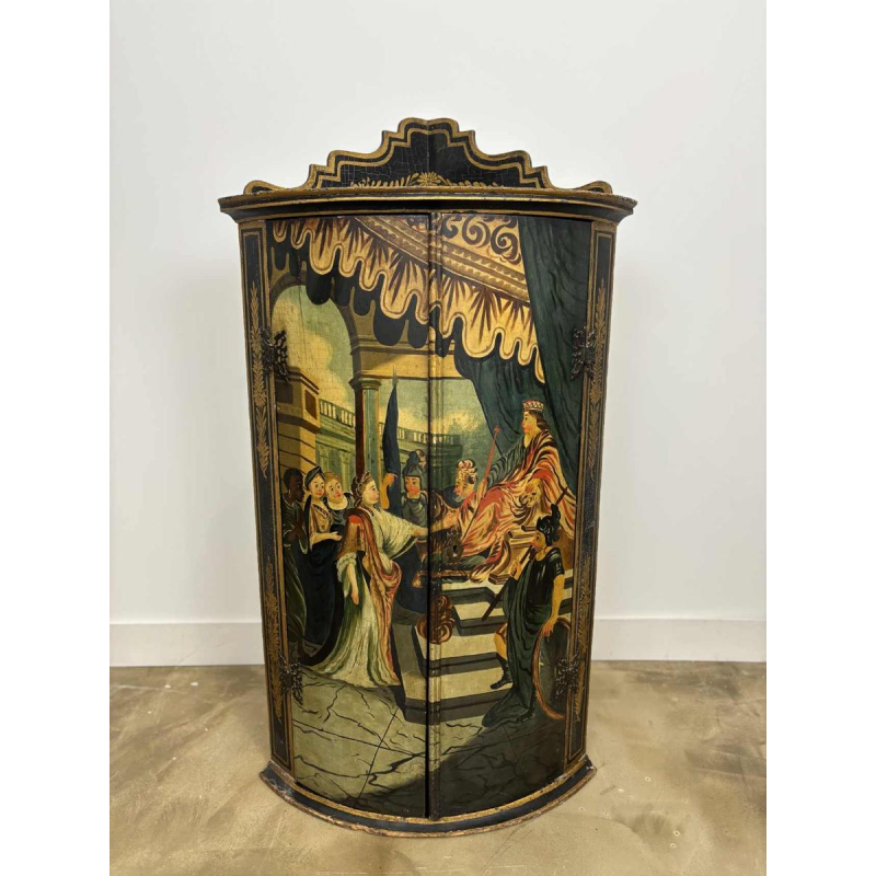 Corner cabinet with curved facade, painted decoration 'Court scene' 19th century
