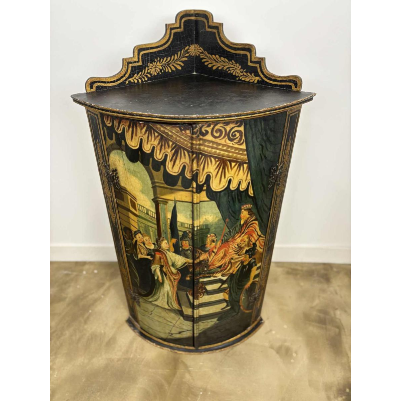 Corner cabinet with curved facade, painted decoration 'Court scene' 19th century