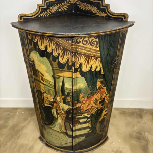 Corner cabinet with curved facade, painted decoration 'Court scene' 19th century