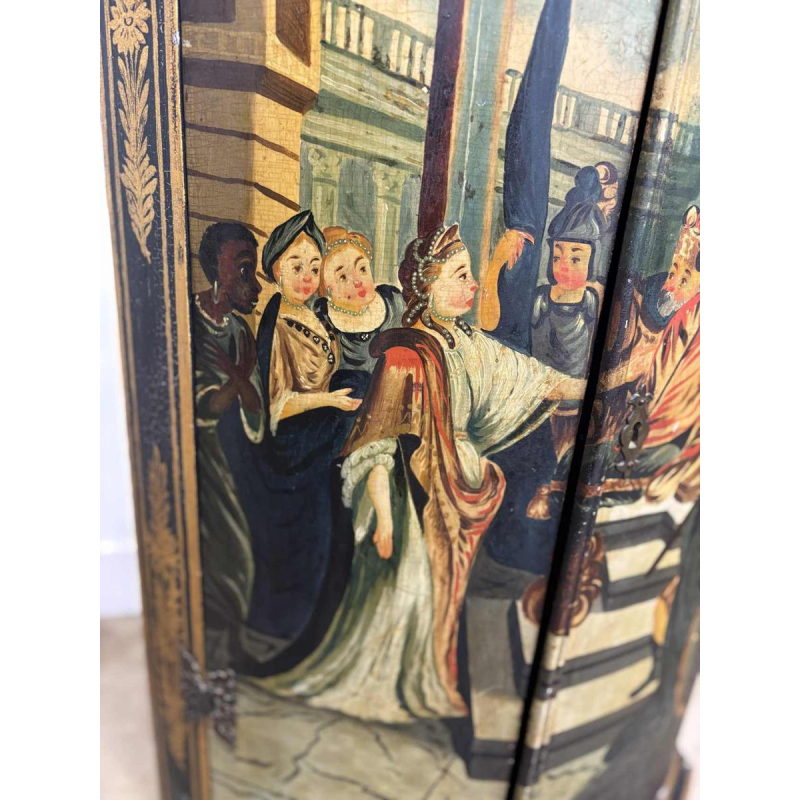 Meuble d'angle polychrome, décor peint 'Scène de Cour' 19e siècle