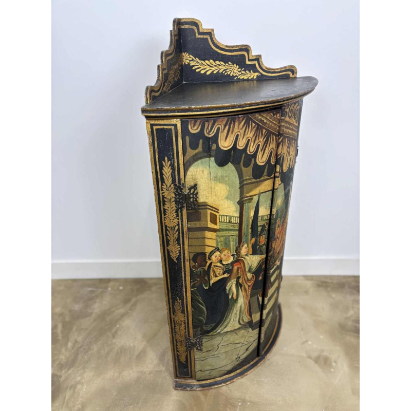 Corner cabinet with curved facade, painted decoration 'Court scene' 19th century