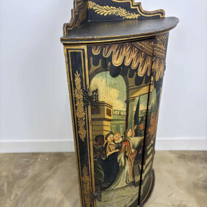Meuble d'angle polychrome, décor peint 'Scène de Cour' 19e siècle