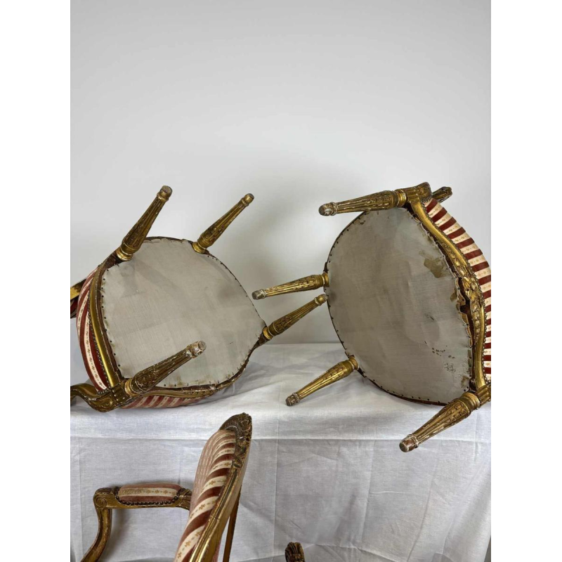 Suite of four medallion-back armchairs, carved gilt wood, 19th c