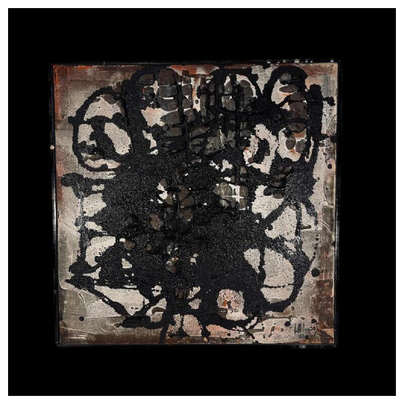 Louis-Marie Londot, abstract schilderij, olieverf en concreties op paneel N°16, 1963