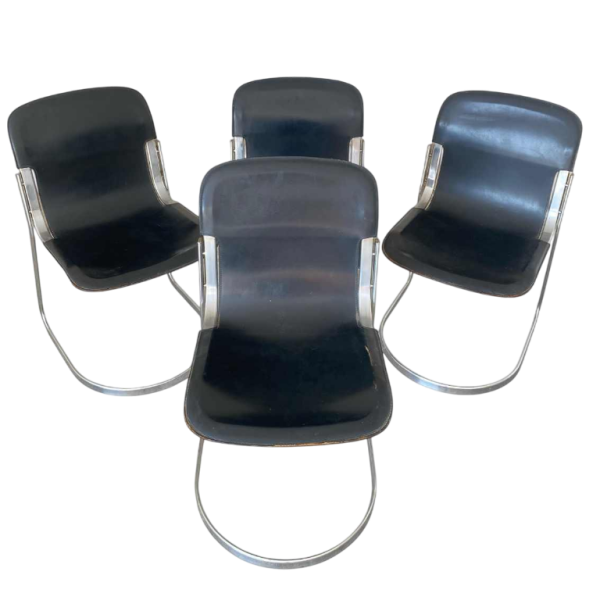 Willy Rizzo pour Cidue, suite de 4 chaises vintage design, cuir noir et acier chromé, ca 1970
