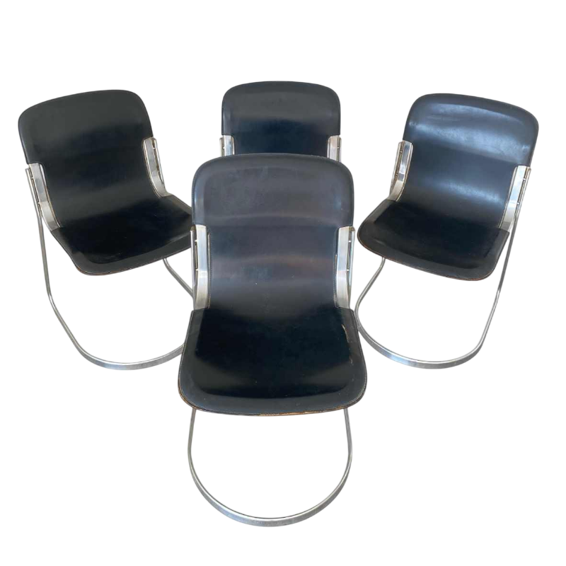 Willy Rizzo pour Cidue, suite de 4 chaises vintage design, cuir noir et acier chromé, ca 1970