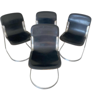 Willy Rizzo voor Cidue, set van 4 vintage designstoelen, zwart leer en verchroomd staal, ca 1970
