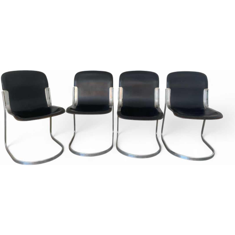 Willy Rizzo pour Cidue, suite de 4 chaises vintage design, cuir noir et acier chromé, ca 1970