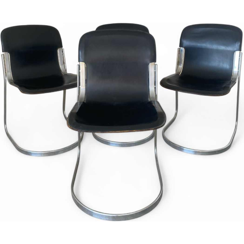 Willy Rizzo voor Cidue, set van 4 vintage designstoelen, zwart leer en verchroomd staal, ca 1970