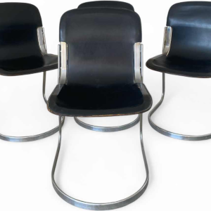 Willy Rizzo for Cidue, suite of 4 vintage designer chairs, black leather and chromed steel, ca 1970