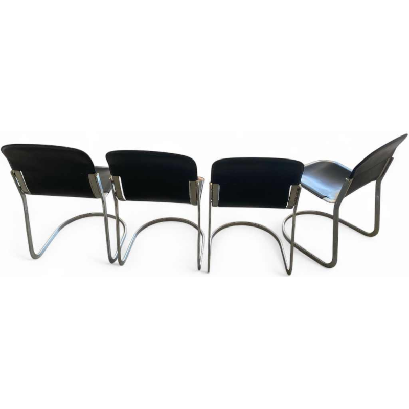 Willy Rizzo voor Cidue, set van 4 vintage designstoelen, zwart leer en verchroomd staal, ca 1970