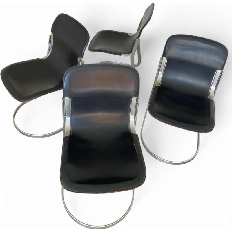Willy Rizzo voor Cidue, set van 4 vintage designstoelen, zwart leer en verchroomd staal, ca 1970