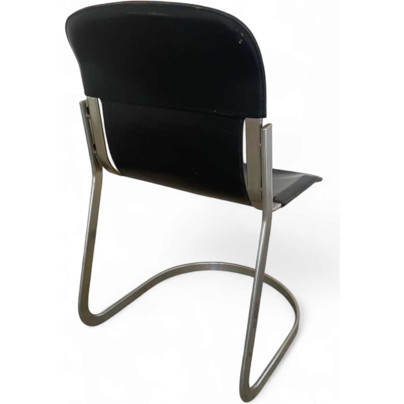 Willy Rizzo for Cidue, suite of 4 vintage designer chairs, black leather and chromed steel, ca 1970