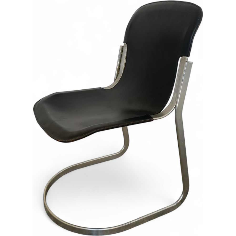 Willy Rizzo voor Cidue, set van 4 vintage designstoelen, zwart leer en verchroomd staal, ca 1970