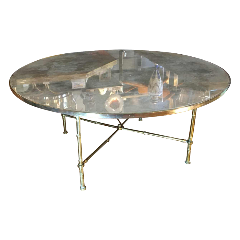 Maison Baguès, ronde messing salontafel "Bamboo", verguld spiegelglas, 1940