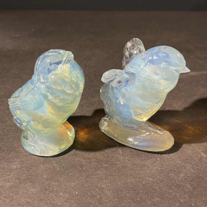 SABINO FRANCE, Set of 2 Art Deco Birds Animal Sculptures Pressed Opalescent Glass