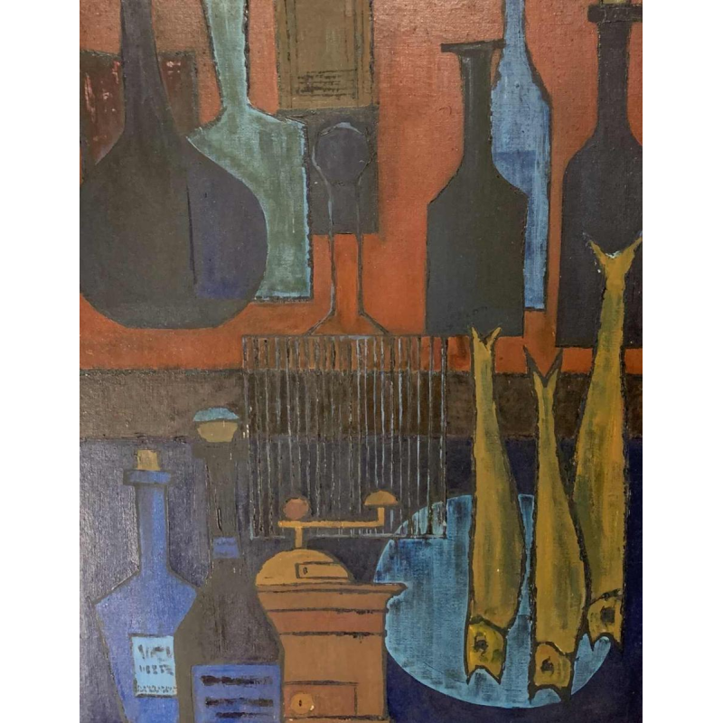 CHARLES FEREAU ' Nature Morte Poissons ', Huile sur toile Expressionniste ,1968