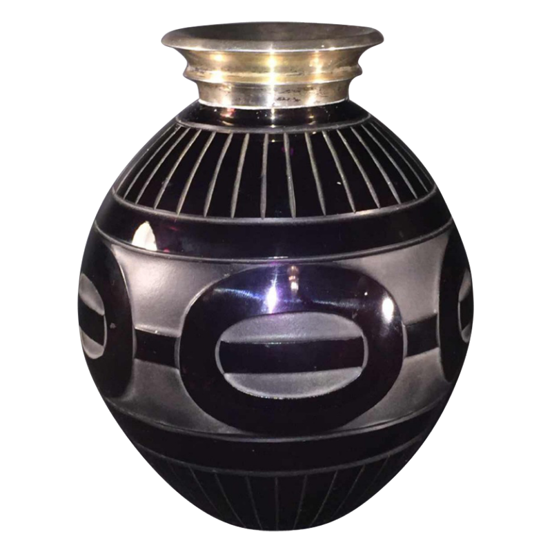 Paul Bernard pour SCAILMONT (attribué), vase verre gravé jet de sable Art Déco moderniste, col argent massif DELHEID, 1930