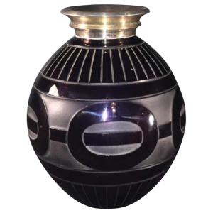 Paul Bernard for SCAILMONT (attributed), Art Deco modernist sandblasted glass vase, solid silver collar DELHEID, 1930