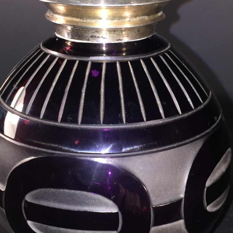 Paul Bernard for SCAILMONT (attributed), Art Deco modernist sandblasted glass vase, solid silver collar DELHEID, 1930