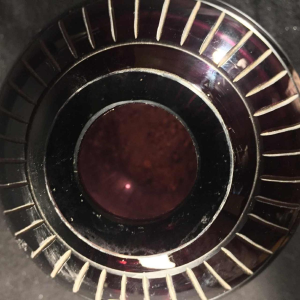 Paul Bernard pour SCAILMONT (attribué), vase verre gravé jet de sable Art Déco moderniste, col argent massif DELHEID, 1930