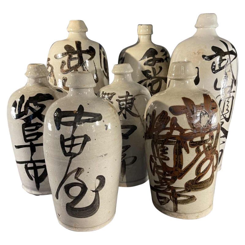 "TOKKURI" Japan Meiji Period, Set of 6 Stoneware Ceramic Sake Bottles, ca 1900