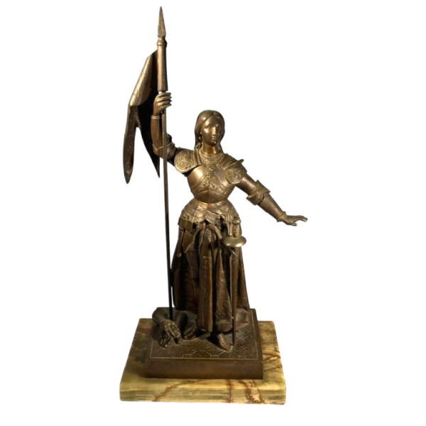 Jeanne d'Arc in harnas bij de kroning van koning Charles VII' naar Ingres, bronzen sculptuur met bruine patina, 19e eeuw