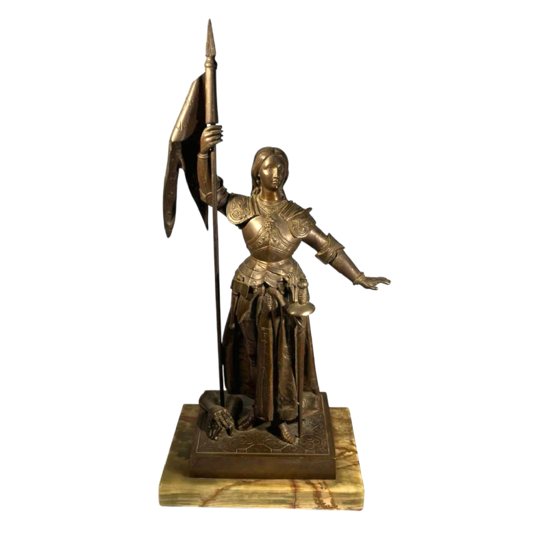 Jeanne d'Arc in harnas bij de kroning van koning Charles VII' naar Ingres, bronzen sculptuur met bruine patina, 19e eeuw