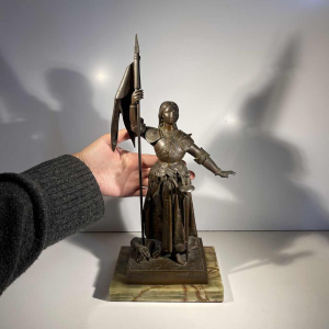 Jeanne d'Arc in armour at the coronation of King Charles VII' after Ingres, bronze sculpture with brown patina, 19th century