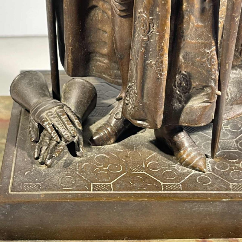 Jeanne d'Arc in harnas bij de kroning van koning Charles VII' naar Ingres, bronzen sculptuur met bruine patina, 19e eeuw