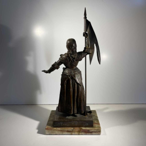 Jeanne d'Arc in armour at the coronation of King Charles VII' after Ingres, bronze sculpture with brown patina, 19th century
