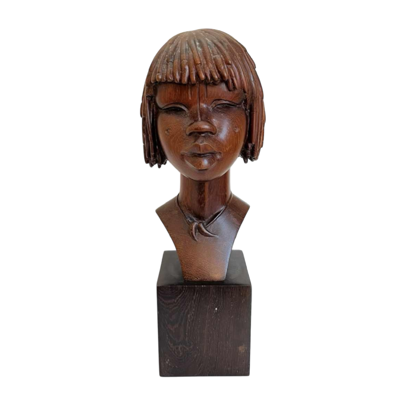 Sculpture africaniste 'Buste ou visage de femme africaine scarifié' en bois de palmier, ca 1950