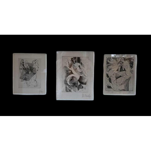 RENÉ MELS (Meulemans) 1 framed set of 3 x abstract expressionist etchings, ca 1945