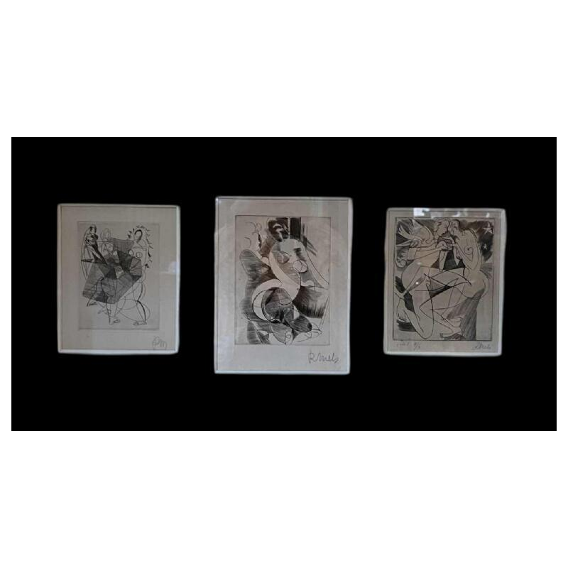 RENÉ MELS (Meulemans) 1 set endadré de 3 x gravures expressionnistes abstraites, ca 1945