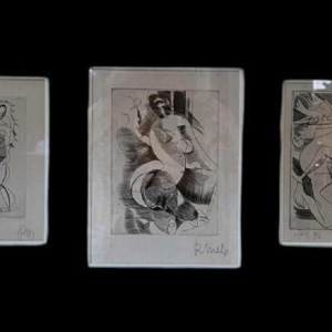 RENÉ MELS (Meulemans) 1 set endadré de 3 x gravures expressionnistes abstraites, ca 1945