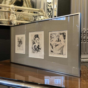 RENÉ MELS (Meulemans) 1 framed set of 3 x abstract expressionist etchings, ca 1945