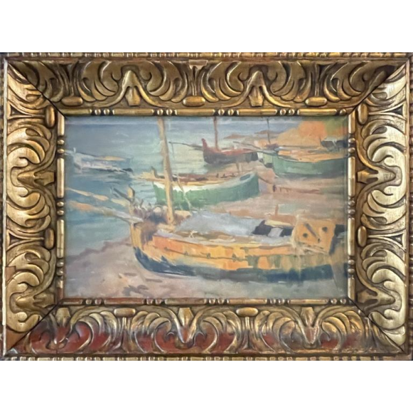 JULES VAN DE LEENE, Tableau Marine " Barques échouées " Gouache sur Carton 1920s