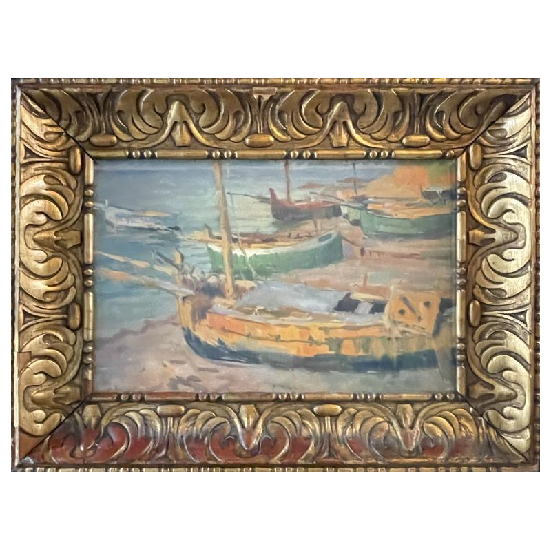 JULES VAN DE LEENE, Tableau Marine " Barques échouées " Gouache sur Carton 1920s