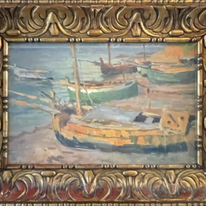 JULES VAN DE LEENE, Tableau Marine " Barques échouées " Gouache sur Carton 1920s