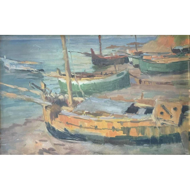 JULES VAN DE LEENE, Tableau Marine " Barques échouées " Gouache sur Carton 1920s