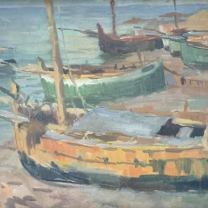JULES VAN DE LEENE, Marine Painting " Stranded boats " Gouache on Cardboard 1920