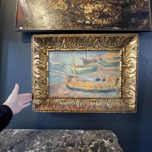 JULES VAN DE LEENE, Marine Painting " Stranded boats " Gouache on Cardboard 1920