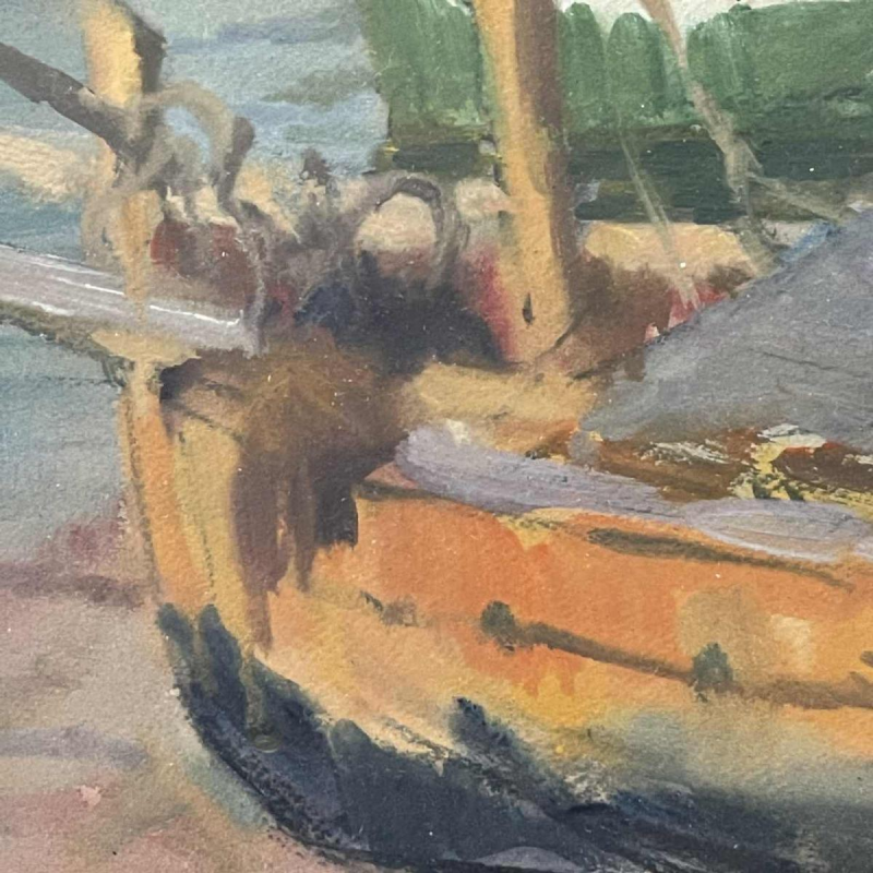 JULES VAN DE LEENE, Tableau Marine " Barques échouées " Gouache sur Carton 1920s