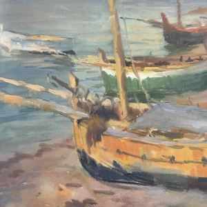 JULES VAN DE LEENE, Tableau Marine " Barques échouées " Gouache sur Carton 1920s