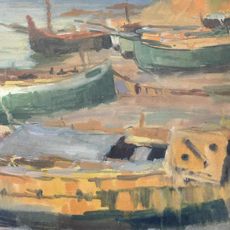 JULES VAN DE LEENE, Tableau Marine " Barques échouées " Gouache sur Carton 1920s