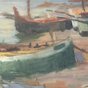JULES VAN DE LEENE, Marine Painting " Stranded boats " Gouache on Cardboard 1920