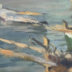 JULES VAN DE LEENE, Schilderij Marine " Gestrande boten " Gouache karton ca 1920