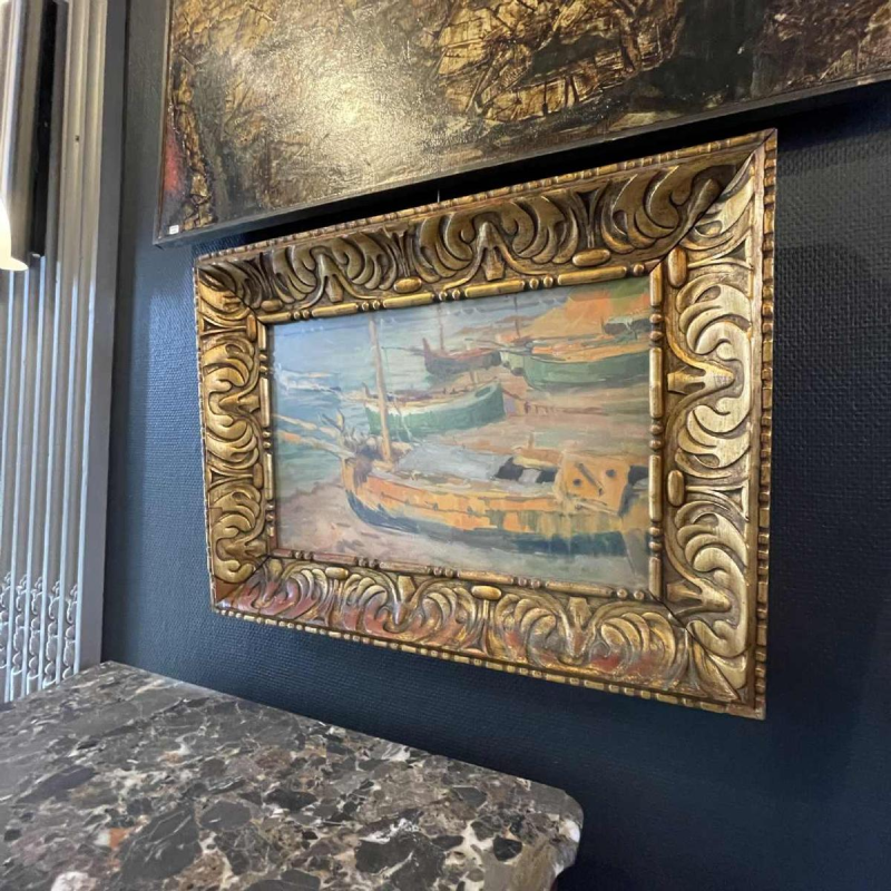 JULES VAN DE LEENE, Tableau Marine " Barques échouées " Gouache sur Carton 1920s